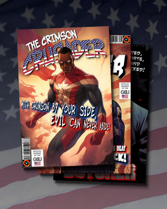 America's Crimson Crusader With Sidekick and Villain